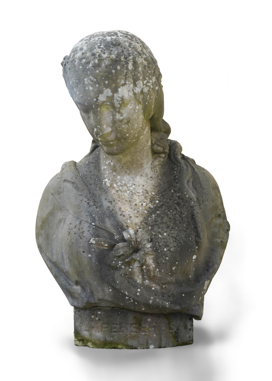 Joseph Durham (1814-77), ‘La Penserosa’, a weathered marble bust of a maiden